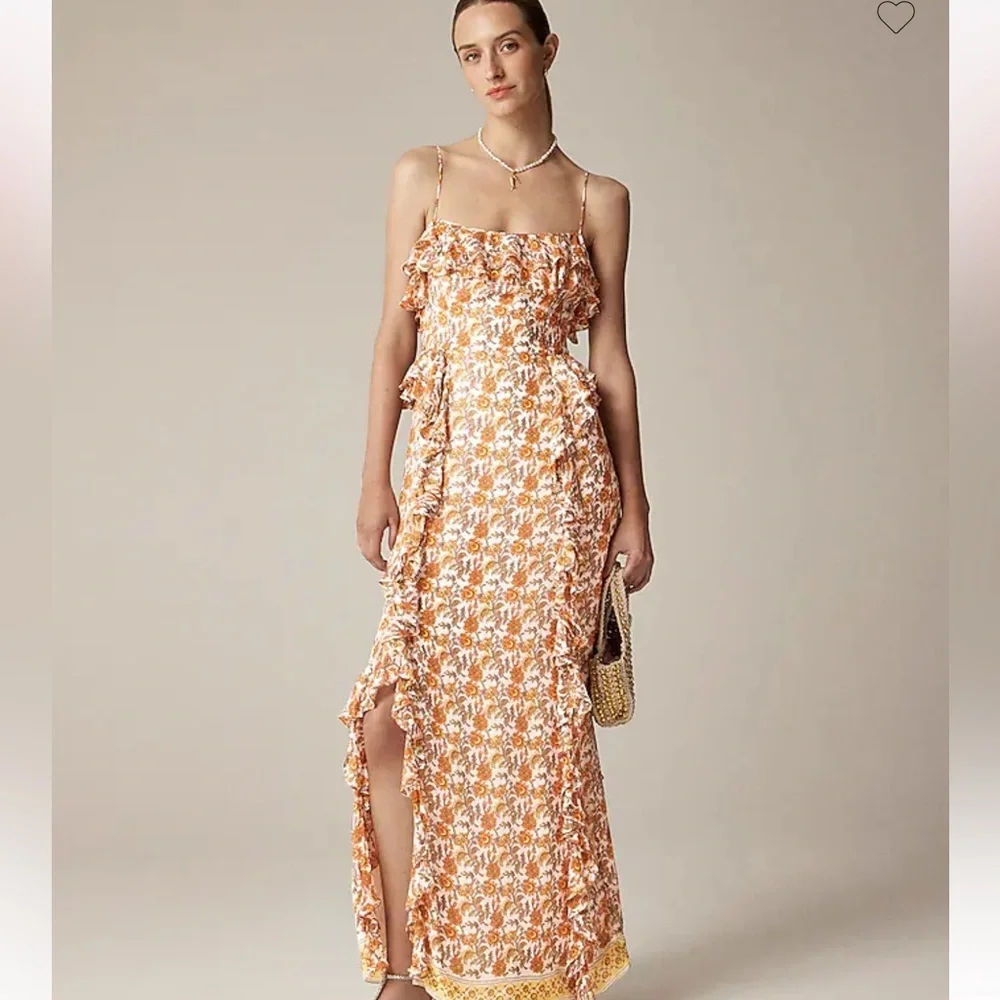 J. Crew Collection Cascading Ruffle Dress in Sunset Rose Block Print Chiffon